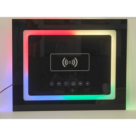 Smart wireless charger with glass colorful panel, featuring Bluetooth, dual-color brilliant flowing light that pulses with music.